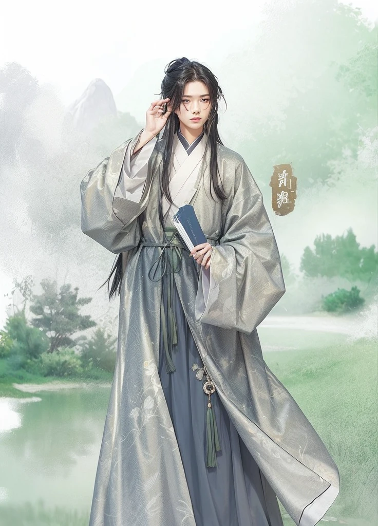 Asian 16 year old male character with 1,90 tall straight black big hair with green traditional Chinese clothing
