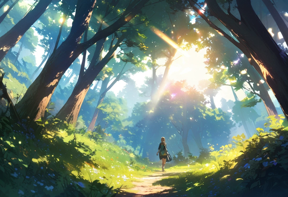 Midsummer Forest,Hot sunshine,，Highest quality，masterpiece，Midday,landscape,There is no one here,Angle looking up at the sun