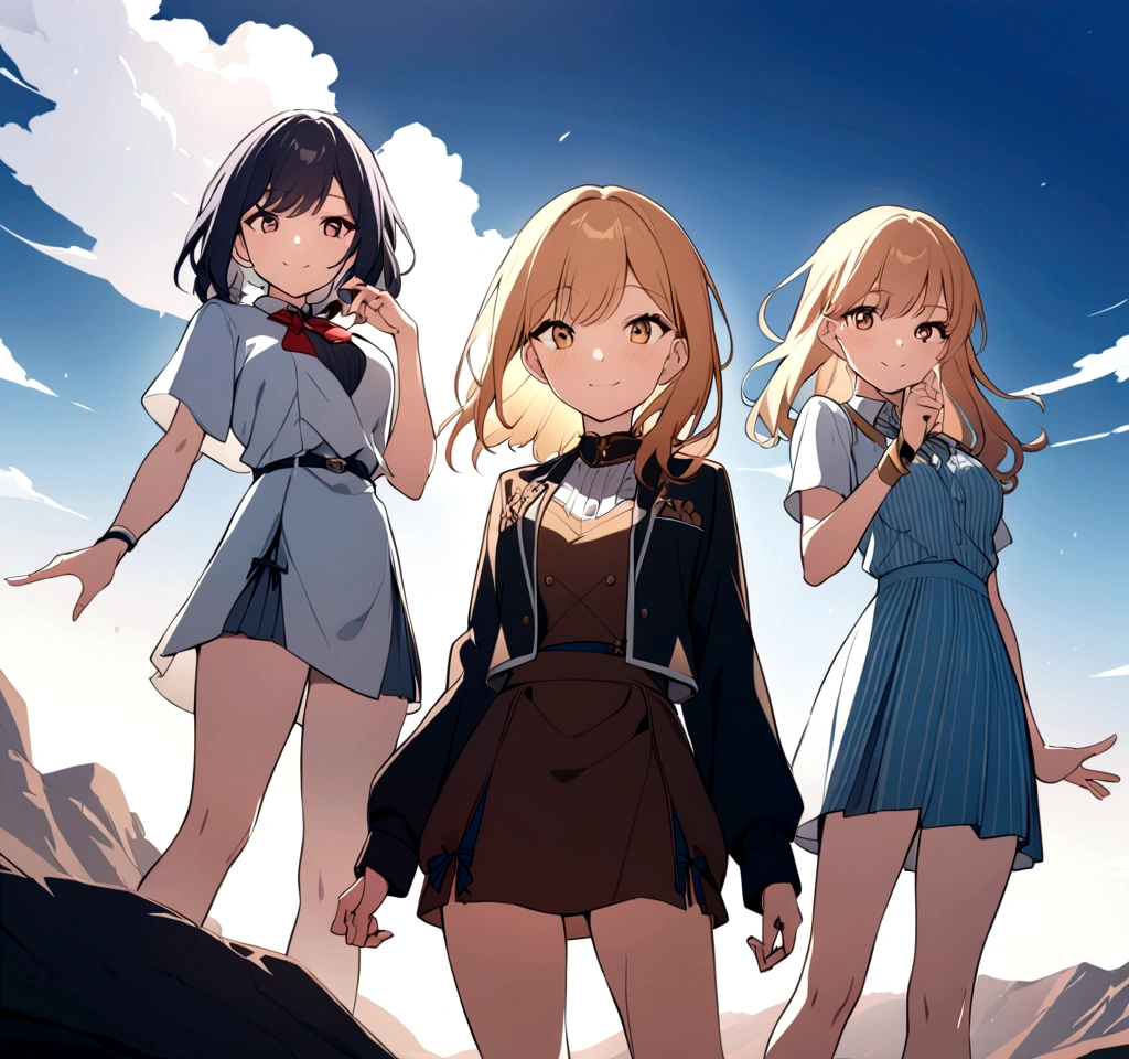 Four girl, stand aside, wear high , happy, look at viewer