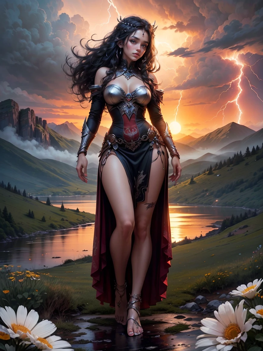 standing woman, female model standing on mountain, EAUTIFUL WOMAN on the mountain, sunset sky, red sunset clouds, sunset, long hair in the wind, eagle feathers, eagle queen, ((goddess ), fantasy, overexposure, perfect eyes, colors metallic, surreal art, full body, bare feet, view of mountainous horizon, lake in the distance, lady in the center of the scene, huge full moon in front of the sun, , ((dark clouds storm with lightning )), lightning strikes, ((light drizzle)), fog in the distance, goddess on top of the mountain, girl standing, ((toenails painted red)), ((flowers on top of the mountain )),