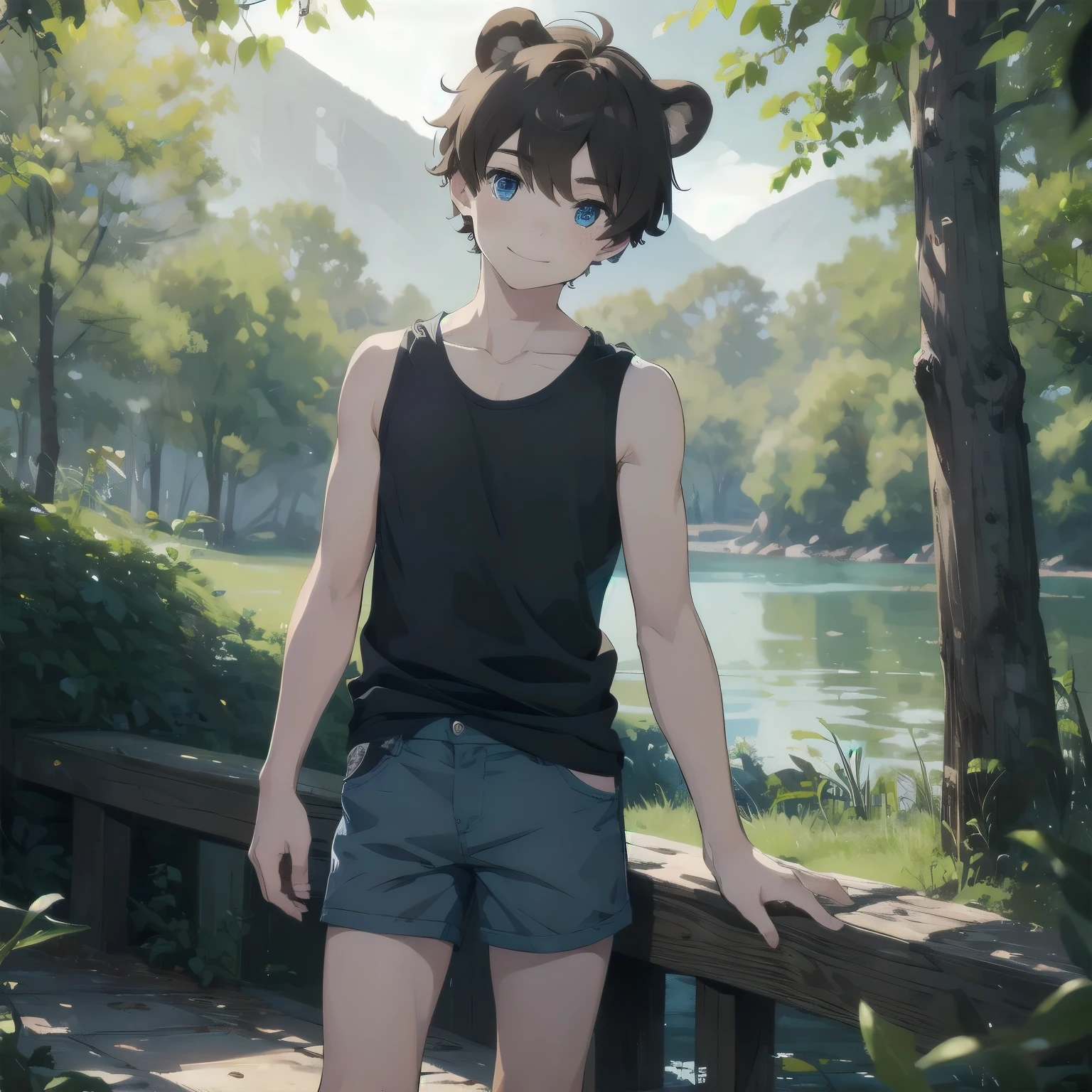 (masterpiece), 1boy, solo male, best quality, expressive eyes, perfect face, sketch style, (sfw), best quality, kemonomimi, bear ears, animal ears, brown hair, short hair, messy_hair, blue eyes BREAK freckles, (little boy, young boy), forest, Bush, lake, standing, black shirt BREAK sleeveless shirt, blue shorts, smile, outdoors 