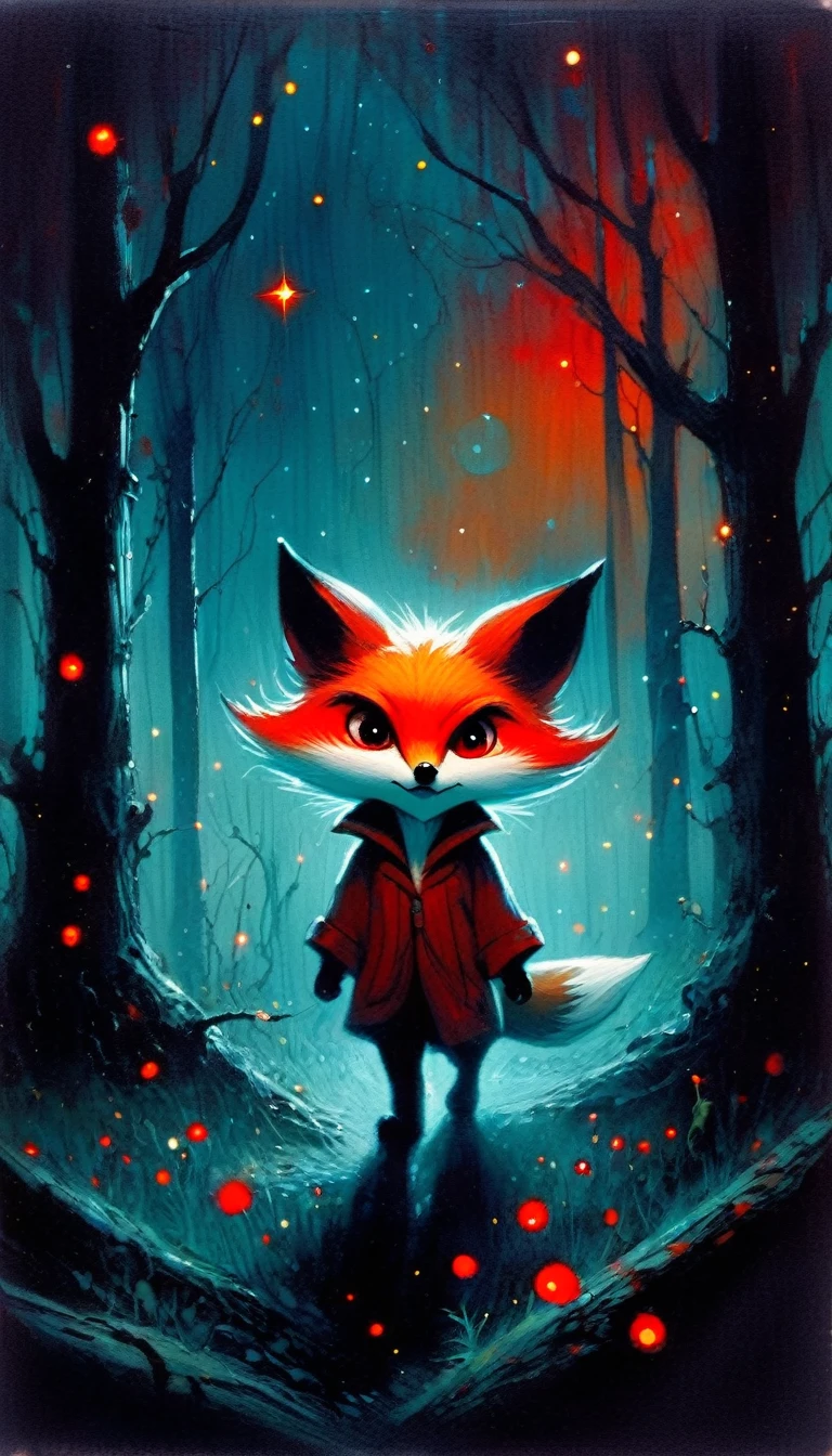 a little fox, adorable but angry, red eyes at night, walks through a forest at night, among its trees, fog, creepy atmosphere,magic, fantastic, night sky, moon, stars, background, (art inspired in Skottie Young and Bill Sienkiewicz). oil painting)