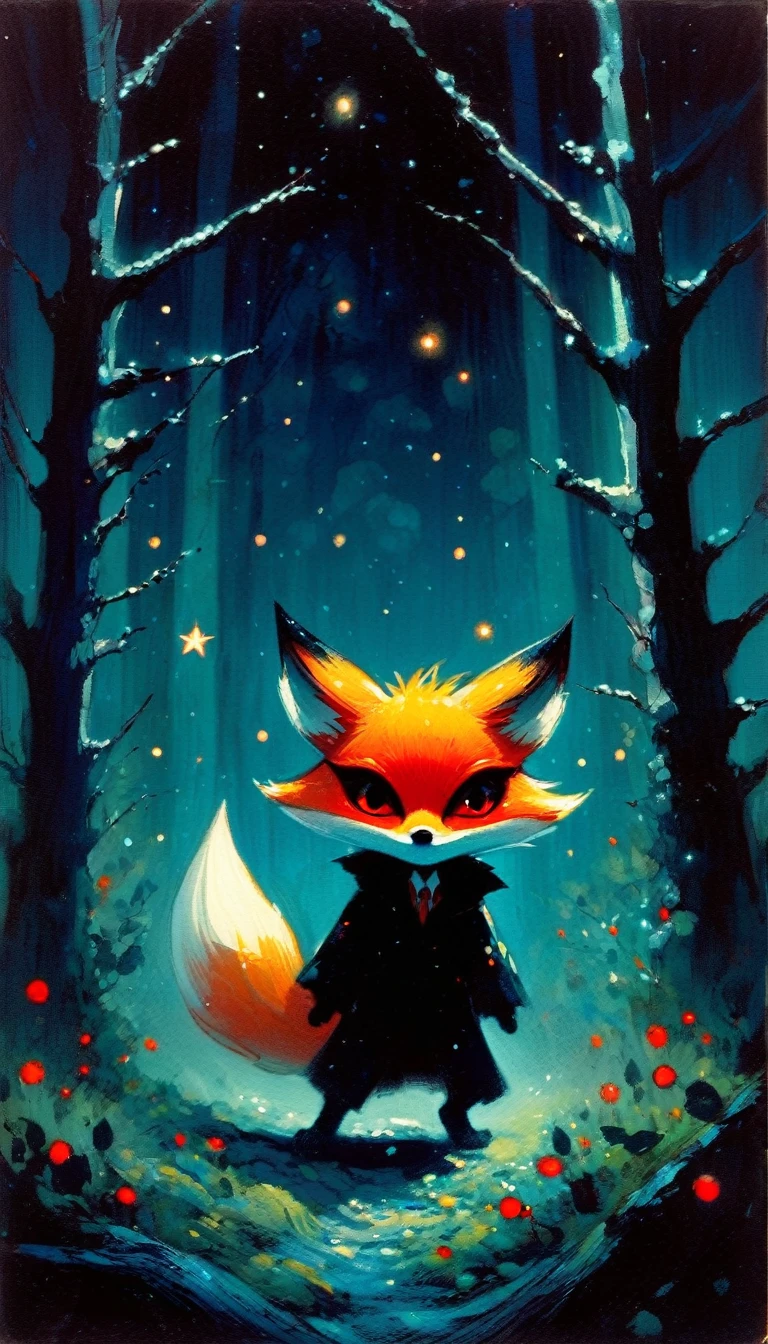 a little fox, adorable but angry, red eyes at night, walks through a forest at night, among its trees, fog, creepy atmosphere,magic, fantastic, night sky, moon, stars, background, (art inspired in Skottie Young and Bill Sienkiewicz). oil painting)

