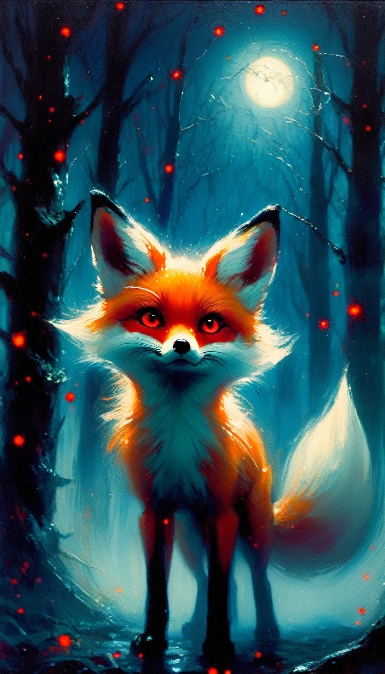 a little fox, adorable but angry, red eyes at night, walks through a forest at night, among its trees, fog, creepy atmosphere,magic, fantastic, night sky, moon, stars, background, (art inspired in Bill Sienkiewicz). oil painting)