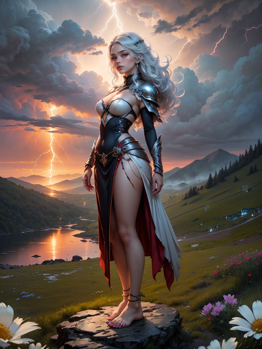 standing woman, female model standing on mountain, EAUTIFUL WOMAN on the mountain, sunset sky, red sunset clouds, sunset, long silver white hair in the wind, eagle feathers, eagle queen, ((goddess ), fantasy, overexposure, perfect eyes, colors metallic, surreal art, full body, bare feet, view of mountainous horizon, lake in the distance, lady in the center of the scene, huge full moon in front of the sun, , ((dark clouds storm with lightning )), lightning strikes, ((light drizzle)), fog in the distance, goddess on top of the mountain, girl standing, ((toenails painted red)), ((flowers on top of the mountain )),
