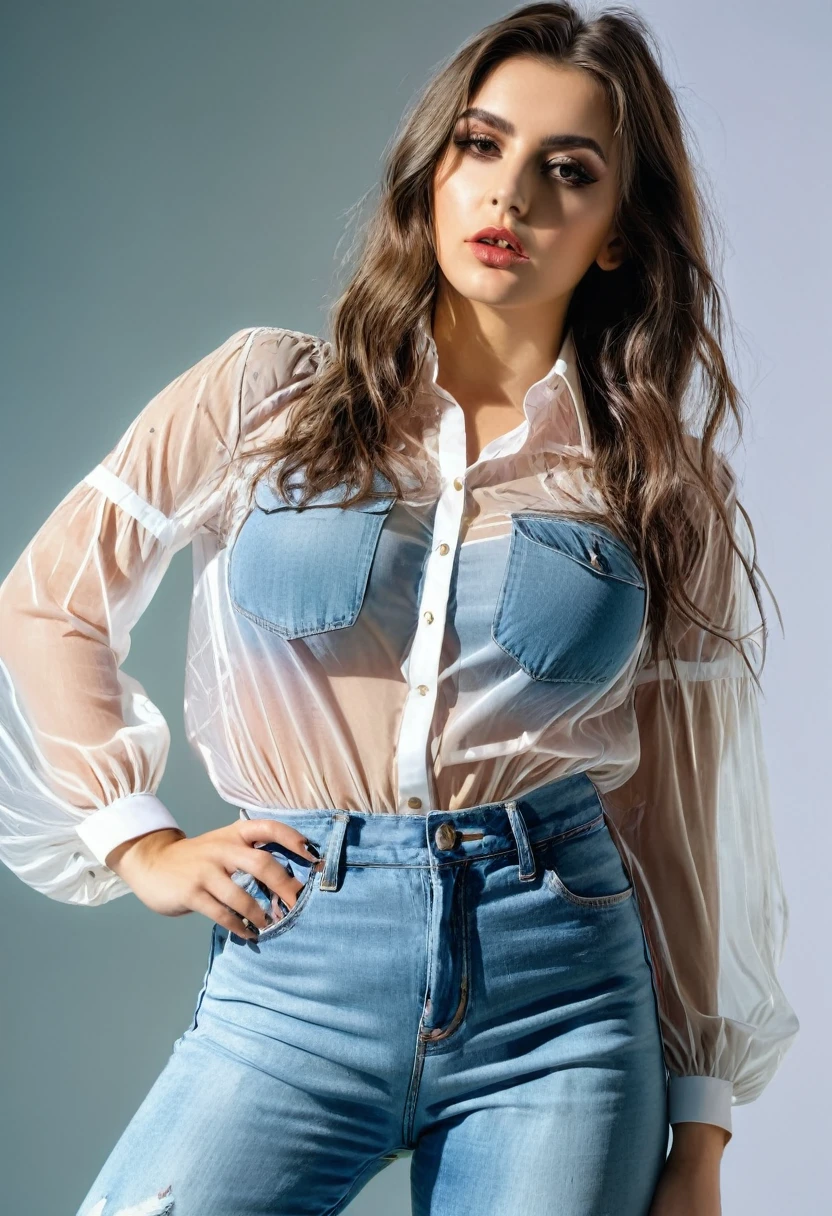young woman with provocative look, and with big breasts, transparent blouse, jean pants, closed sneakers