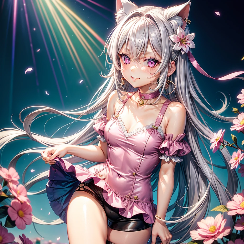 Silver hair, pink eyes, body, cat ears, adult girl, earrings, flower sky background, teal pink gold uniform, hair bows, happy face, thigh up, looking at viewer, v neck blouse