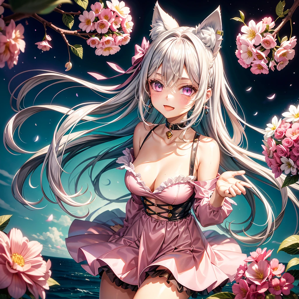 Silver hair, pink eyes, body, cat ears, adult girl, earrings, flower sky background, teal pink gold uniform, hair bows, happy face, thigh up, looking at viewer, v neck blouse