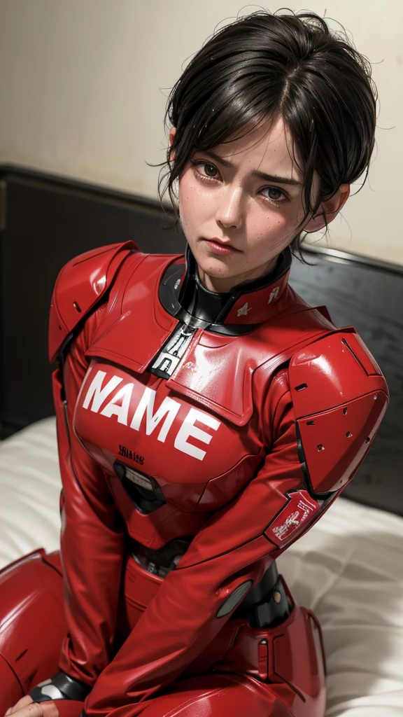 Highest quality　8k red robot　Middle-aged women　Sweaty face　cute　short hair　boyish　Very short hair　Steam coming out of my head　My hair is wet with sweat　The feel of black hair　Full body portrait　My upper body is soaked　 　I can see the vagina　Lying in bed