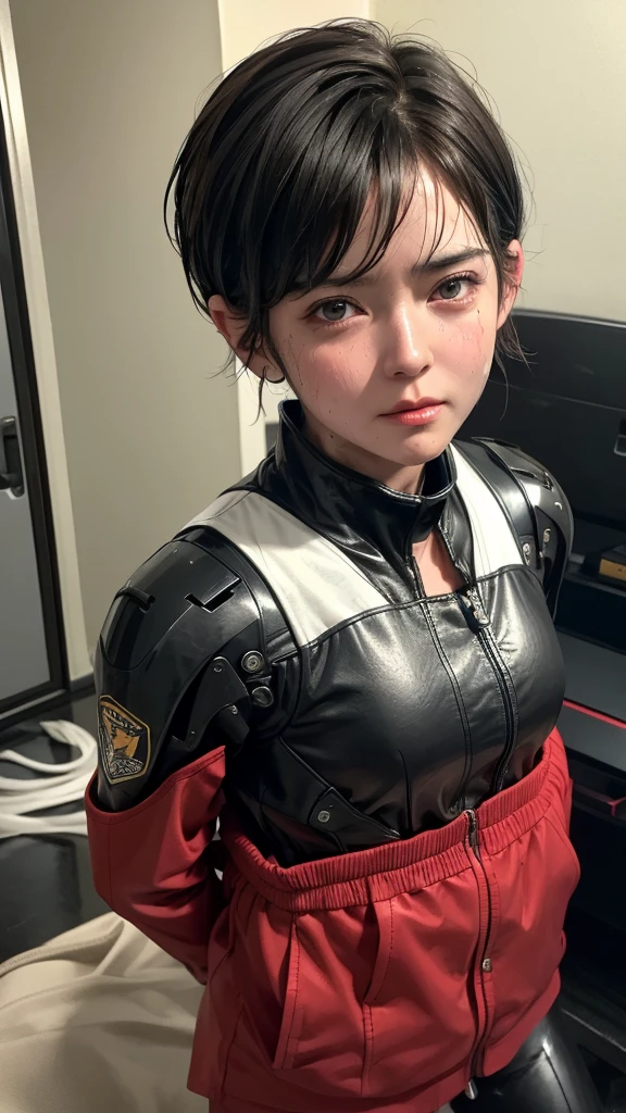 Highest quality　8k red robot　Middle-aged women　Sweaty face　cute　short hair　boyish　Very short hair　Steam coming out of my head　My hair is wet with sweat　The feel of black hair　Full body portrait　My upper body is soaked　 　I can see the vagina　Lying in bed