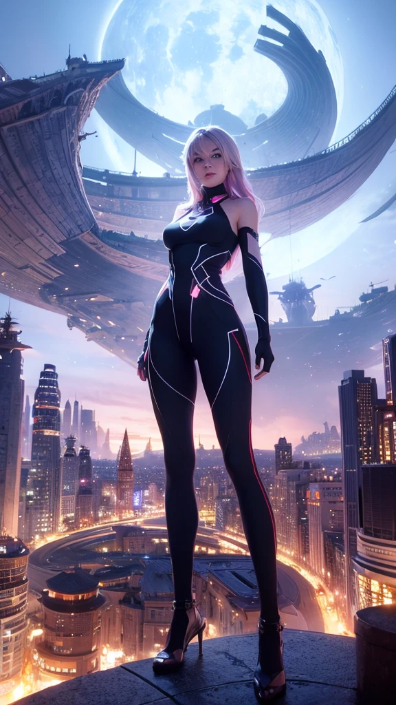 a woman standing in front of a futuristic city, cgsociety 9, futuristic city backgrond, in fantasy sci - fi city, cinematic. futurism, futuristic. game cg, otherwordly futuristic city, futuristic city in background, futuristic art style, futuristic sci-fi, futuristic city background, sci fi city, futuristic marrakech, by Raphael Lacoste, human futuristic city
