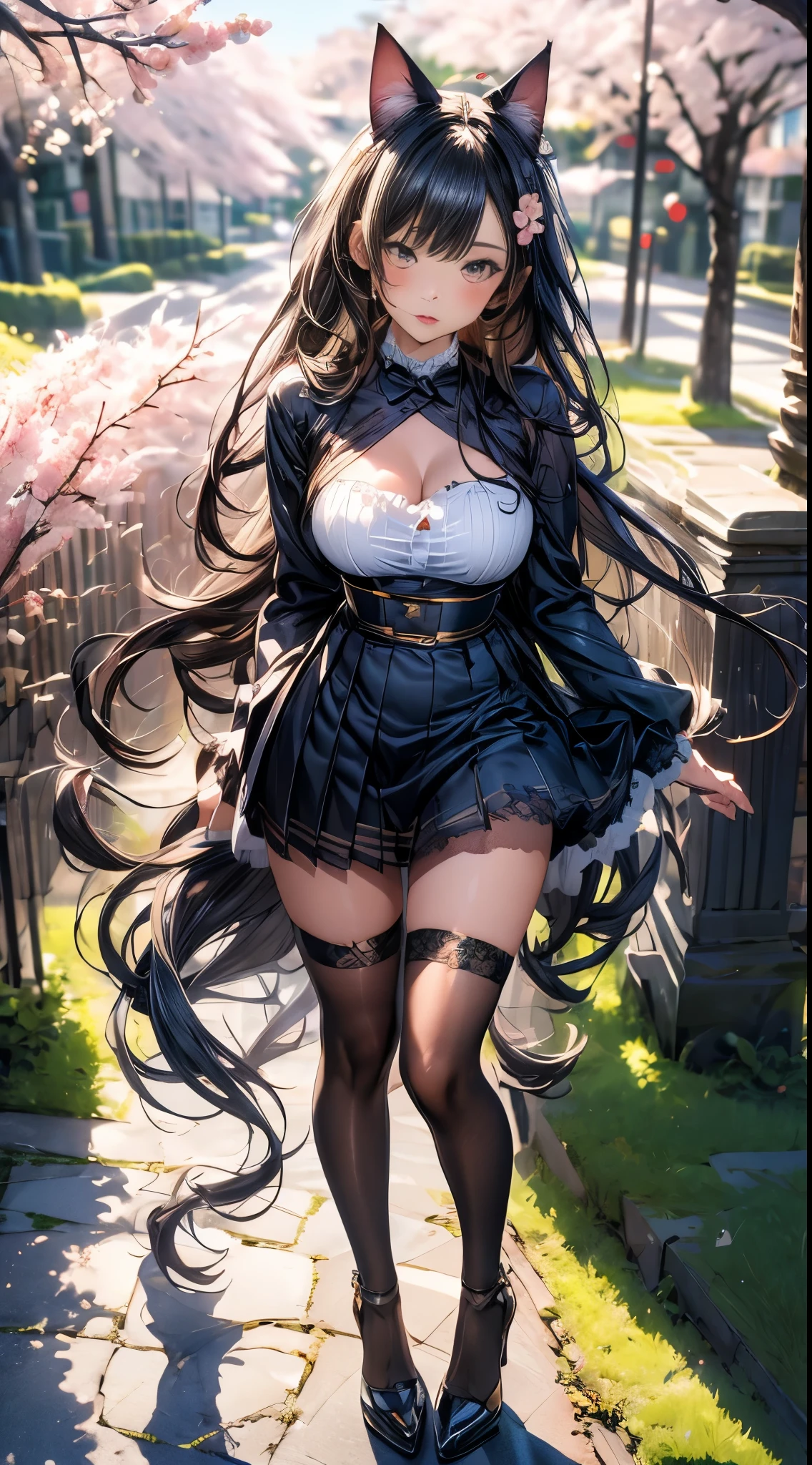 Girl with cat ears wear skirts,It's a perfect face,scantily clad,Willow waist,(Cherry blossom tree),(actual, realistically), (depth of fields),Long black hair,Thigh thick,view the viewer , insanely details, Complicated details, Skeleton costume,(Lop), Lower chest Skeleton costume,Shiny holographic Skeleton costume:1.1 , Large breasts droop,Blonde hair,Redlip ,Sheer skirt,(((8K,winning artwork,dynamicposes))),