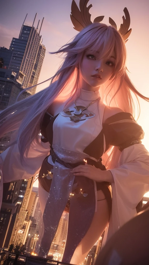 The giant girl wields a and destroys the city,Girl sitting on a building,A giant woman in a lying on top of a cyberpunk city, Wear short skirts,Little guys running around the giant girl,The little person panicked and ran away,Many cars pass by, Standing on her hand, cgsociety 9, 2. 5 d cgi fantasy art, engine rendering unreal + a goddess, full body cgsociety, artgerm ; Hyper realistic 3d content, giant art, super detailed 3d matte paintings, super detailed 3d matte paintings, realistic fantasy art, realistic 3 d anime style. Beautiful girl. Big thighs."The boy stood on the top of a high-rise building waving to the girl". Color ultra 4k.The little person panicked and ran away.Giant attack.