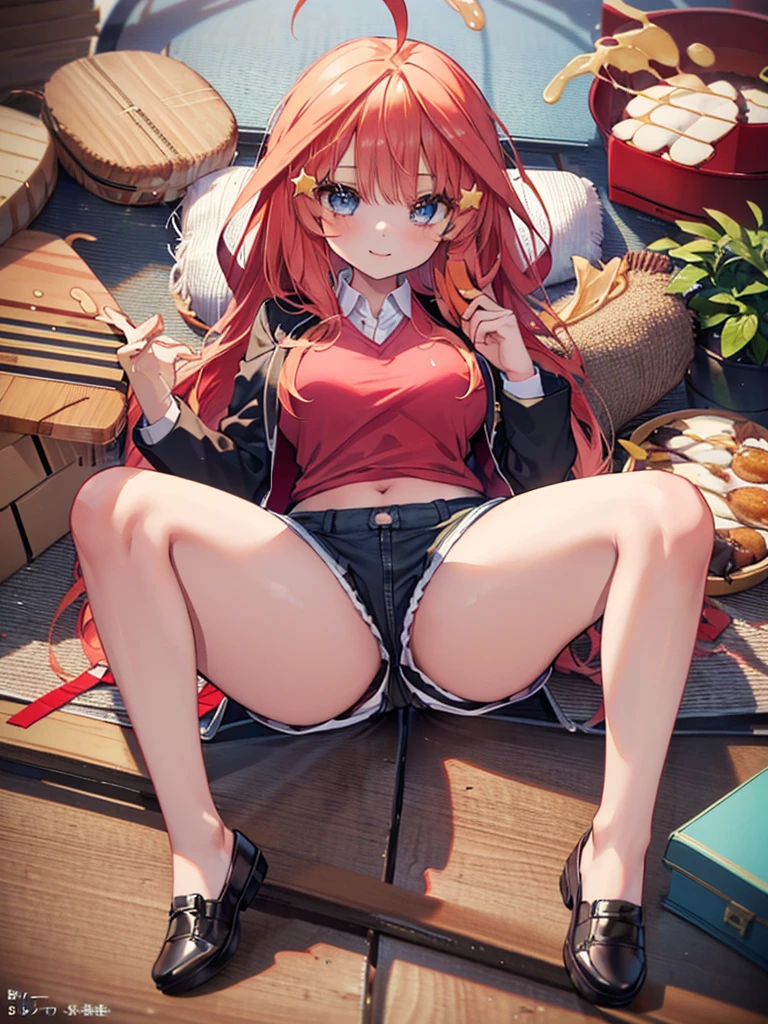 (8K, Highest quality, Highest quality, masterpiece), sit on the floor, aaitsuki, long hair, ahoge, star hair ornament, (fullbody), smile, school uniform, blazer, black jacket, open jacket, red sweater, long sleeves, (denim hot shorts), (mini shorts), (open shorts 1:2), big breasts, ((spread legs 1:2))