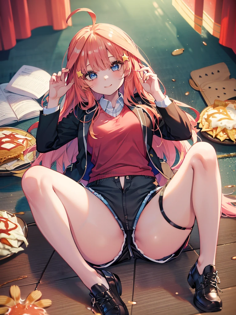 (8K, Highest quality, Highest quality, masterpiece), sit on the floor, aaitsuki, long hair, ahoge, star hair ornament, (fullbody), smile, school uniform, blazer, black jacket, open jacket, red sweater, long sleeves, (denim hot shorts), (mini shorts), (open shorts 1:2), big breasts, ((spread legs 1:2))