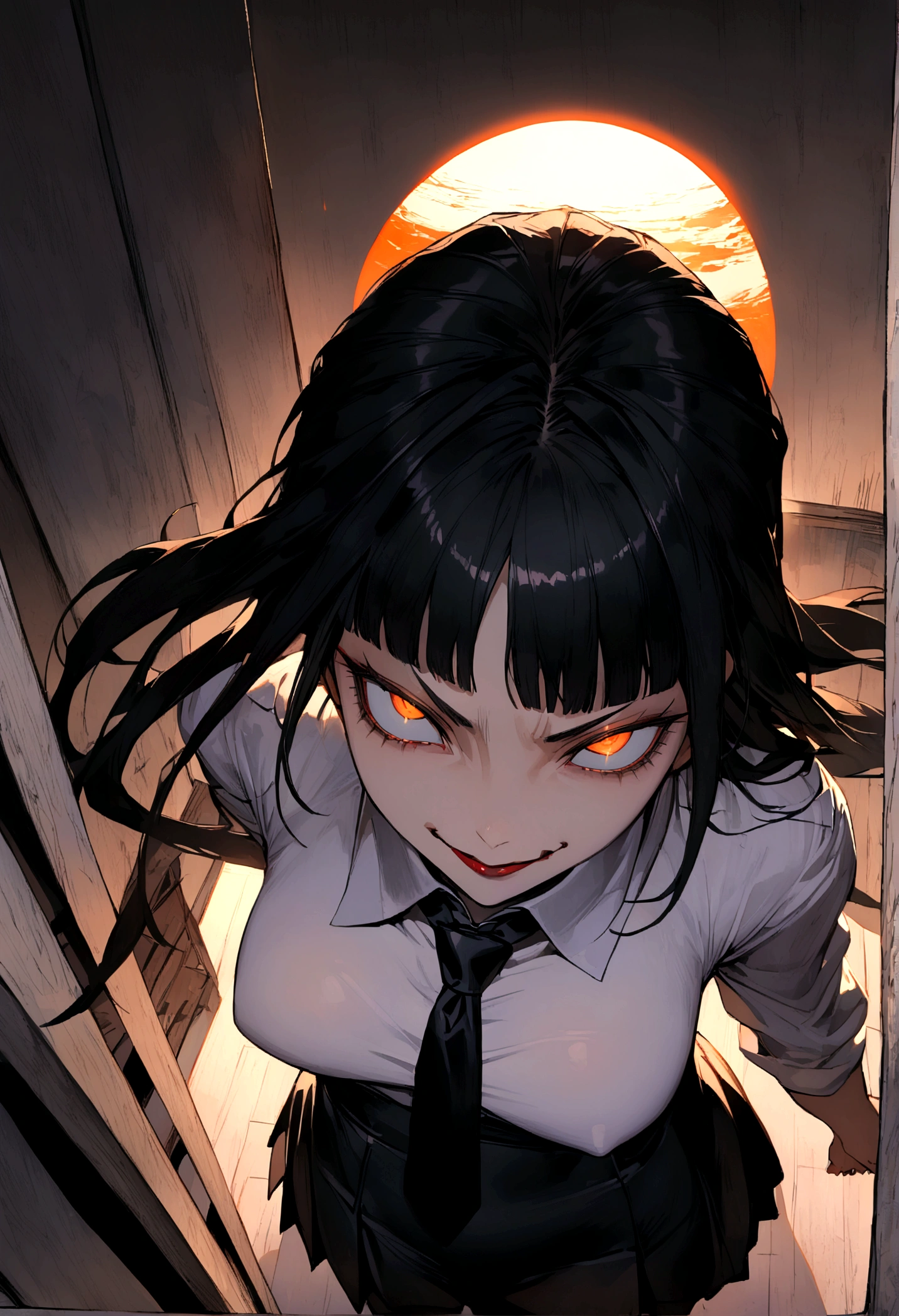 juri han, work of art, tight white secretary shirt with black tie, black high waist skirt, short skirt,stocking, black hair, black tightscary sun,office,bangs on the eyes,lighting,horn of hair,view from above,staring overhead,evil smile