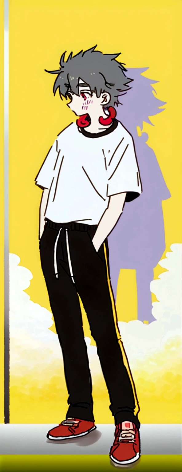 (maximum quality, best qualityer) Drawing of a standing character, with your hands in your pants pocket, anime style, pastel colors scenery, in a half-side position, with a half-scribbled painting