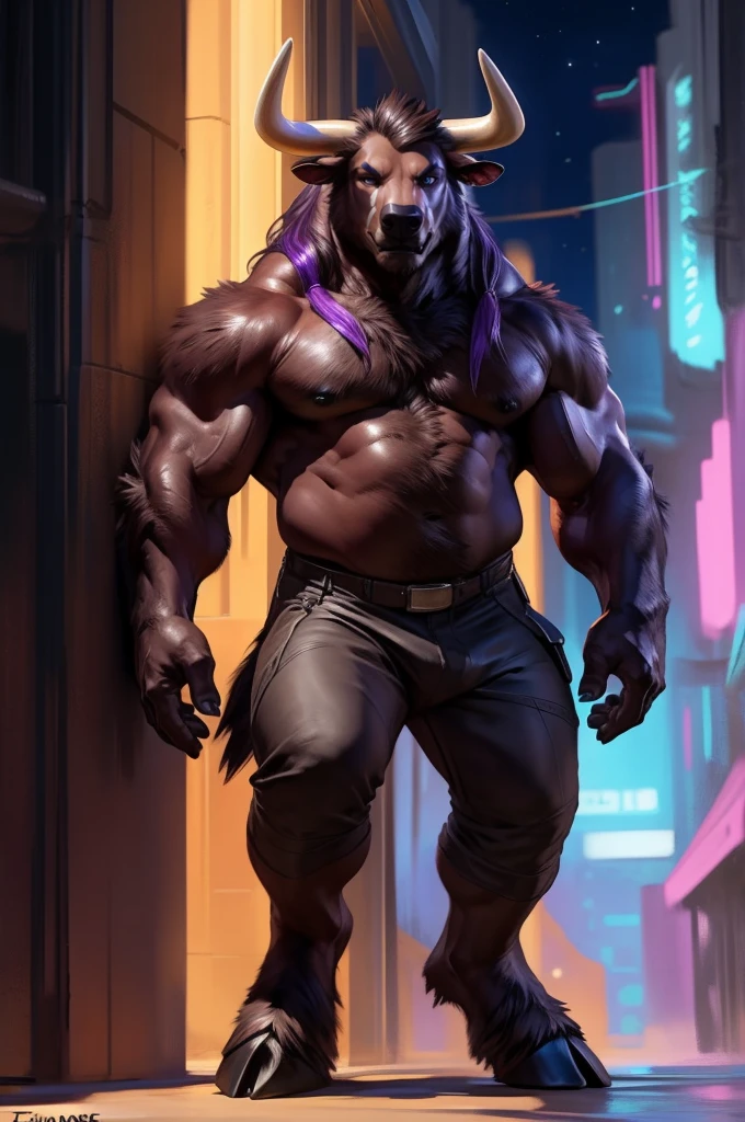 (by taran fiddler), (by darkgem:0.8), (by chunie:1), masterpiece, portrait, serious, 3/4 turned looking at viewer, (javid:1.2), 8k, ultra detail, full body, dark brownfurry body, male, solo, anthro bull, brown minotaur, (( Long dark brown hairstyle, long hair with purple dye streaks, high ponytail, dark brown bears streaked with purple)), Minotaur Hotel, Asterion from Minotaur Hotel, handsome anthro bull-face, tan horns, gauge piercing in right ear, soft features in face, dark blue eyes, no shirt, not wearing shirt, (no shirt), furry chest, huge chest, fluffy furry chest, fluffy furry abs, defined stomach, defined muscles, muscular furry body, chiseled furry, ((dark pants)), ((no logos or patches on clothing)), hulking, tall, wide shoulders, black clothing, black tactical pants, tactical gear straps on pants, blacbare feet, cow hooves for feet, detailed hands, dark, neon cyberpunk background (detailed cyberpunk background at night), cyberpunk 