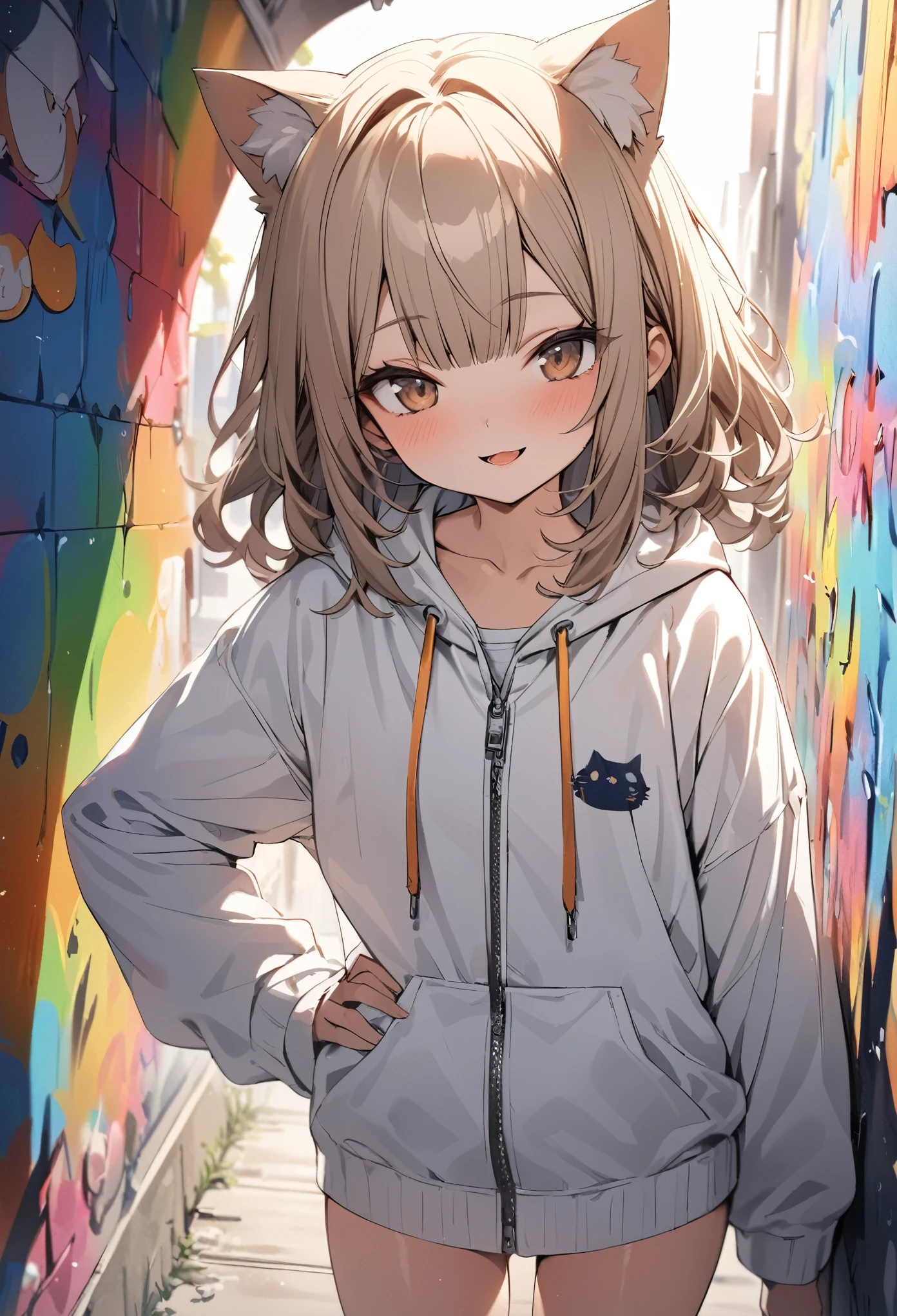 ((Masterpiece)), ((best quality)), (Anime:1.3), (super detail:1.2),(High Definition:1.3), (Professional Photography:1.2), (wide shot), (sharp focus), (perfect light), ((12 years old)), cowboy shot, (morning), messy medium hair, Beautiful collarbone, (cute hoodie with zipper), white tanktop, (Healthy slim body), (loose blunt bangs), Slender body, (place hand on hip), glossy skin, (nauthy smile), open mouth, ((Beautiful brown eyes)), Textured skin, (Cat ears), Pale brown hair, Cute Beautiful Girl, (slightly exposed small chest), BREAK, ((best quality)), ((against the rainbow-colored graffiti wall))), (sharp focus), perfect hands, (perfect light),