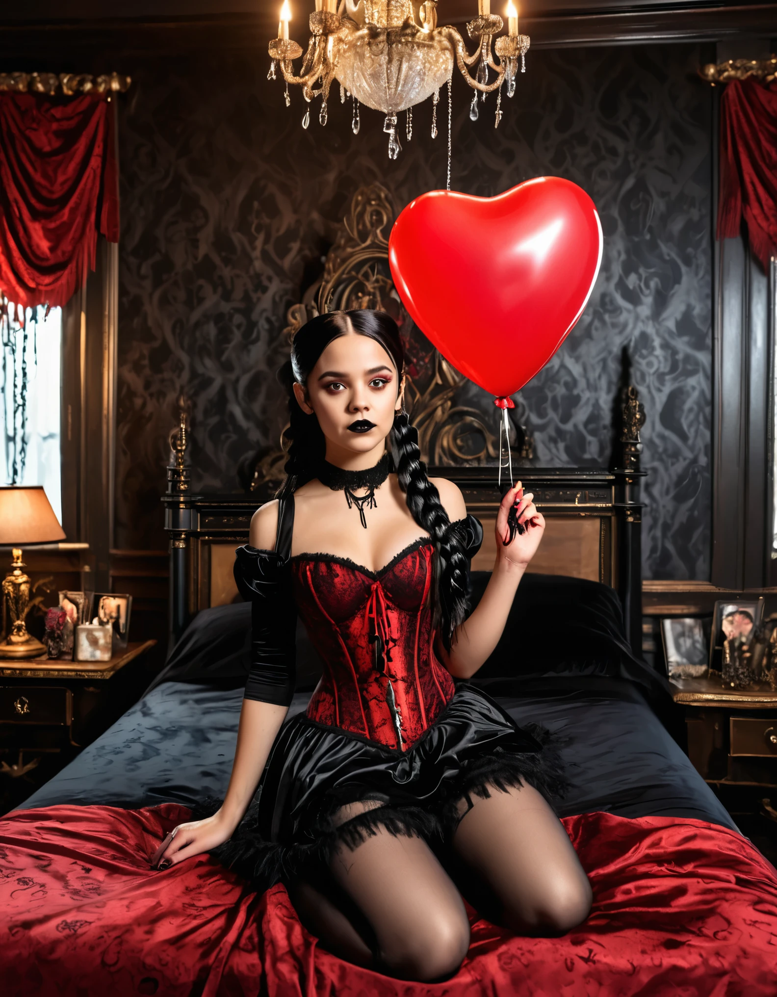 A young woman with long black hair styled in two braids and wears minimal makeup with dark eyeliner, black lipstick, sexy goth, Wednesday Addams (Jenna Ortega). The setting is a old Victorian bedroom with McCabe ornate decorations with a (Duotone {red and black]) silk bedspread. Painting on the wall of famous monsters taking a family photo. She is wearing black ornate fabric choker, black corset, black short feathered dress with black stockings. Holding a string to a (red balloon, Dripping Paint style) shaped like a heart floating in the air. A peculiar, lifelike severed hand is placed on the bed next to her, adding an element of mystery. The lighting is eerie, coming from an unseen source, creating a since of mystery and intriguing atmosphere.