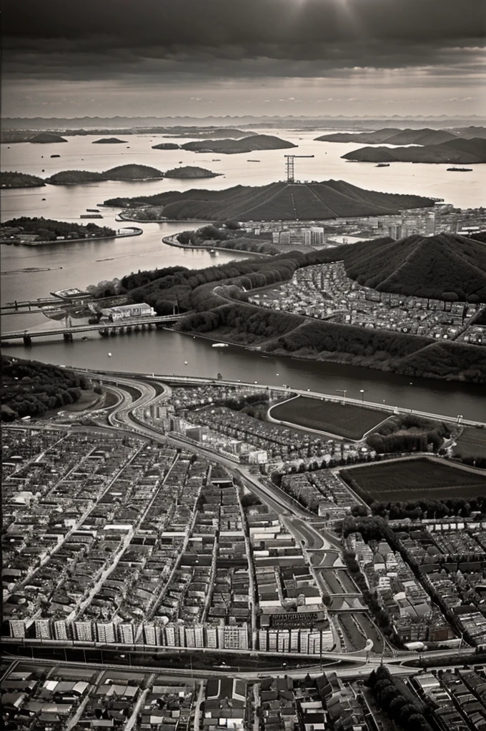 A wide view of a Japanese city in 1940, there are many houses, the picture is taken from above