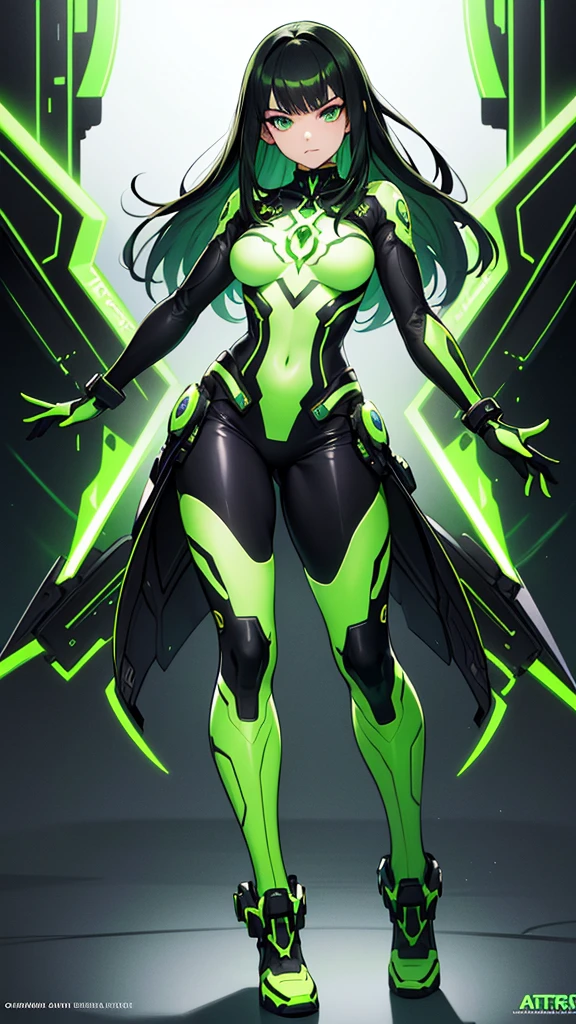 masterpiece, highest quality, (solo focus), (perfect face:1.1), (full body), (high detail:1.1), (hyper detailed eyes), dramatic, a woman with paleskin and long dark green hair, bright green eyes, solo, arrogant expression, neon cybernetic outfit, white background, art by artgerm, cinematic lighting, fashion, BalenciagaStyle