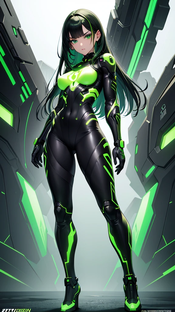 masterpiece, highest quality, (solo focus), (perfect face:1.1), (full body), (high detail:1.1), (hyper detailed eyes), dramatic, a woman with paleskin and long dark green hair, bright green eyes, solo, arrogant expression, neon cybernetic outfit, white background, art by artgerm, cinematic lighting, fashion, BalenciagaStyle