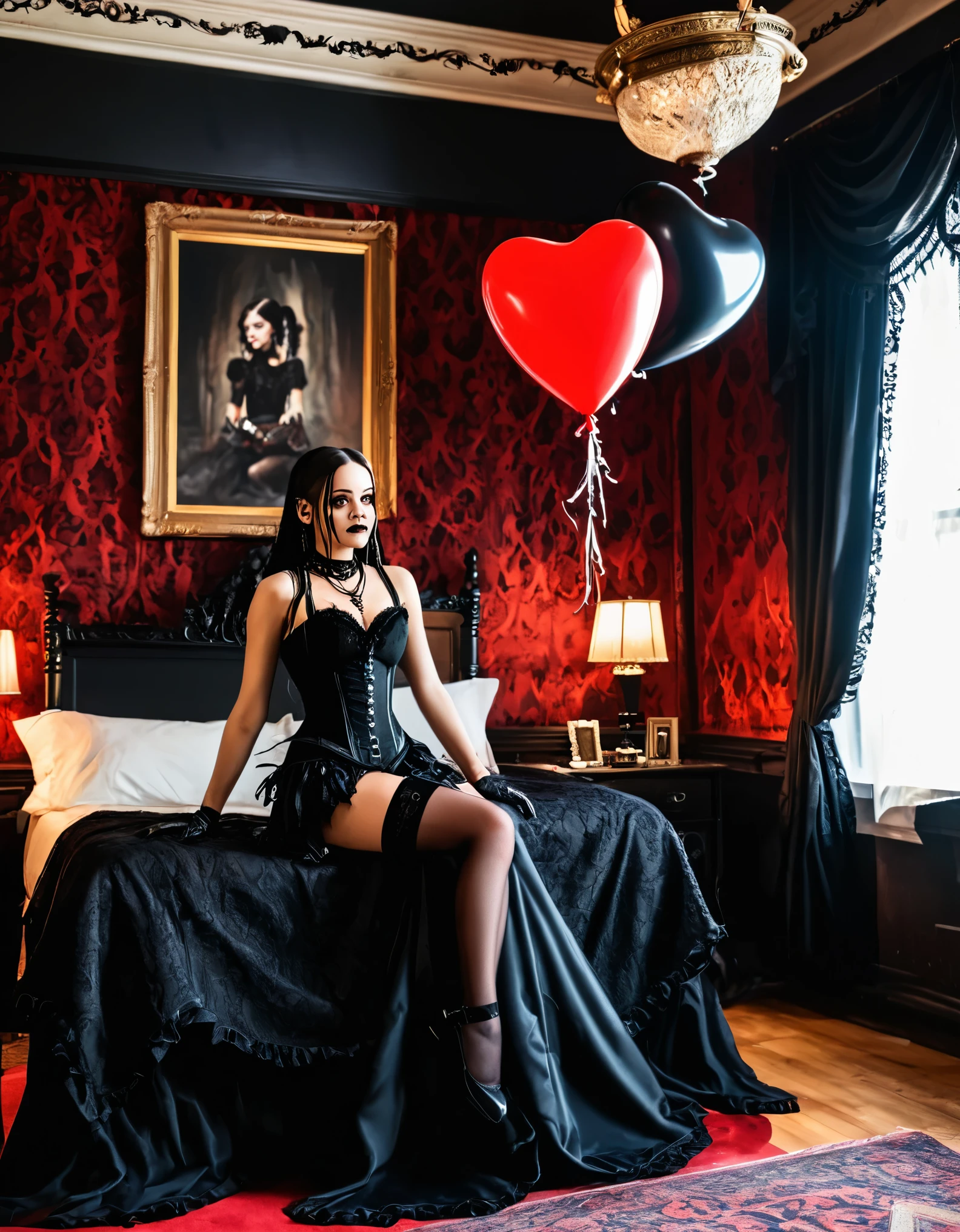 A young woman with long black hair styled in two braids and wears minimal makeup with dark eyeliner, black lipstick, sexy goth, Wednesday Addams (Jenna Ortega). The setting is a old Victorian bedroom with McCabe ornate decorations with a (Duotone {red and black]) silk bedspread. Painting on the wall of famous monsters taking a family photo. She is wearing black ornate fabric choker, black corset, black short feathered dress with black stockings. Holding a string to a (red balloon, Dripping Paint style) shaped like a heart floating in the air. A peculiar, lifelike severed hand is placed on the bed next to her, adding an element of mystery. The lighting is eerie, coming from an unseen source, creating a since of mystery and intriguing atmosphere.