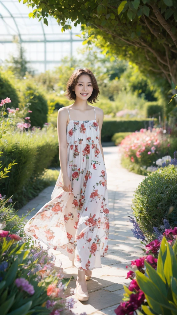 masterpiece, highest quality, disorganized, perfect anatomy, 1 girl, alone, pascal tales, short hair, beautiful, Hilarious, sunny day, botanical garden, Summer winds, sundress, Floral, wavy hair, smile