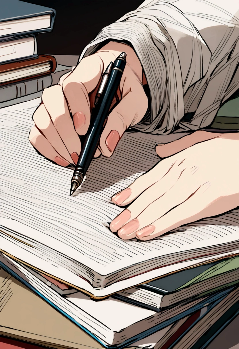 books and sheets and hands with pens in their hands