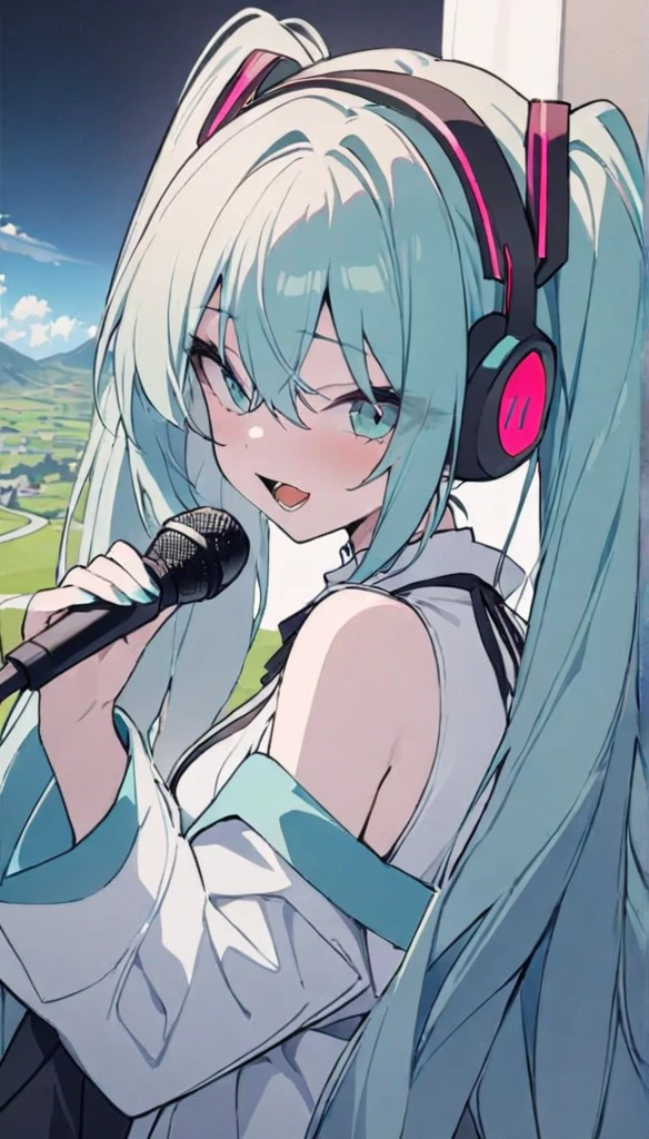 gorgeous, masterpiece, best quality, landscape, highres,4k, wallpaper, Masterpiece, Best Quality, High Quality, anime, hatsune miku, , singing, mic