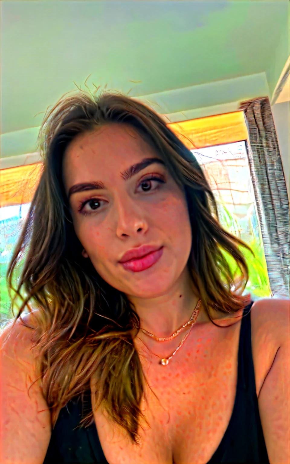 photograph, cropped, upper body selfie photo of a cute 25yo girl, cleavage, photo grain, instagram, pouting