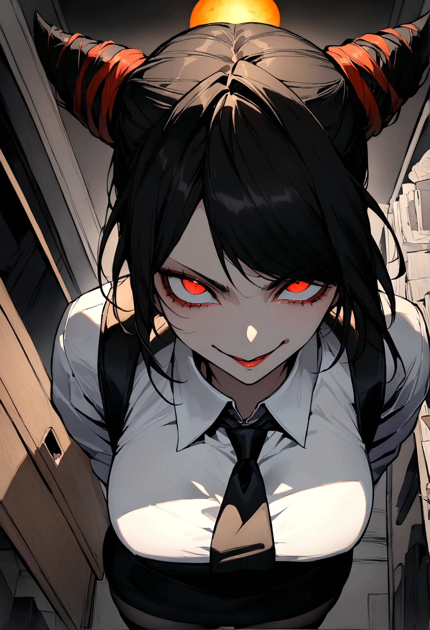 juri han, work of art, tight white secretary shirt with black tie, black high waist skirt, short skirt,stocking, black hair, black tightscary sun,office,bangs on the eyes,lighting,horn of hair,view from above,staring overhead,evil smile