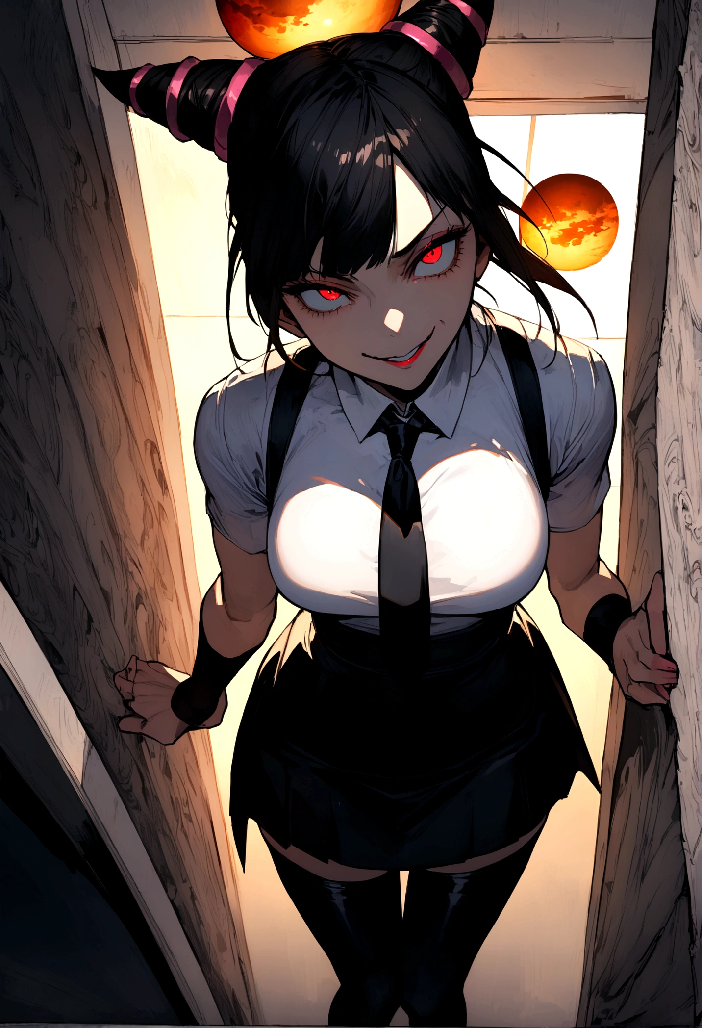juri han, work of art, tight white secretary shirt with black tie, black high waist skirt, short skirt,stocking, black hair, black tightscary sun,office,bangs on the eyes,lighting,horn of hair,view from above,staring overhead,evil smile
