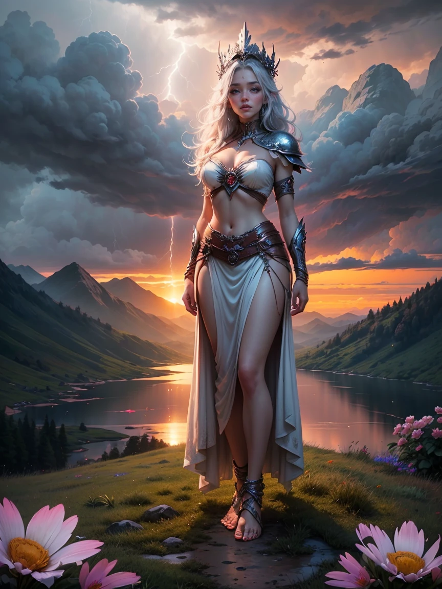 standing woman, female model standing on mountain, EAUTIFUL WOMAN on the mountain, sunset sky, red sunset clouds, sunset, long silver white hair in the wind, eagle feathers, eagle queen, ((goddess ), fantasy, overexposure, perfect eyes, colors metallic, surreal art, full body, bare feet, view of mountainous horizon, lake in the distance, lady in the center of the scene, huge full moon in front of the sun, , ((dark clouds storm with lightning )), lightning strikes, ((light drizzle)), fog in the distance, goddess on top of the mountain, girl standing, ((toenails painted red)), ((flowers on top of the mountain )),