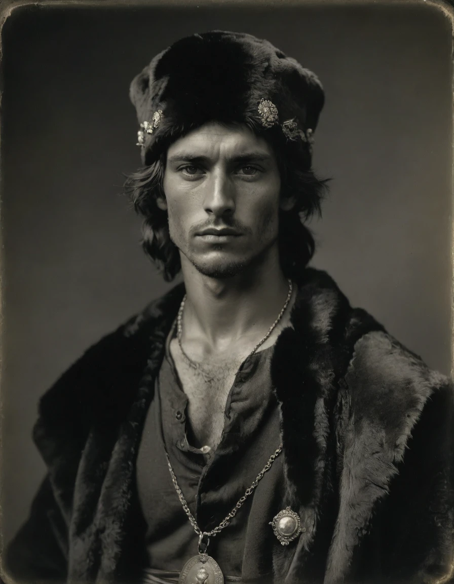 by Moebius Jean Giraud, by Théodore Géricault, ((((Rough monochrome, daguerreotype)))), the composition is: (((a cute, skinny, pensive, brooding, young male barbarian, facing viewer. He is wearing a fur hat. Bare torso, with Praetorian elements, sashes, medals, diamond shape pendants, jaguar fur elements))).