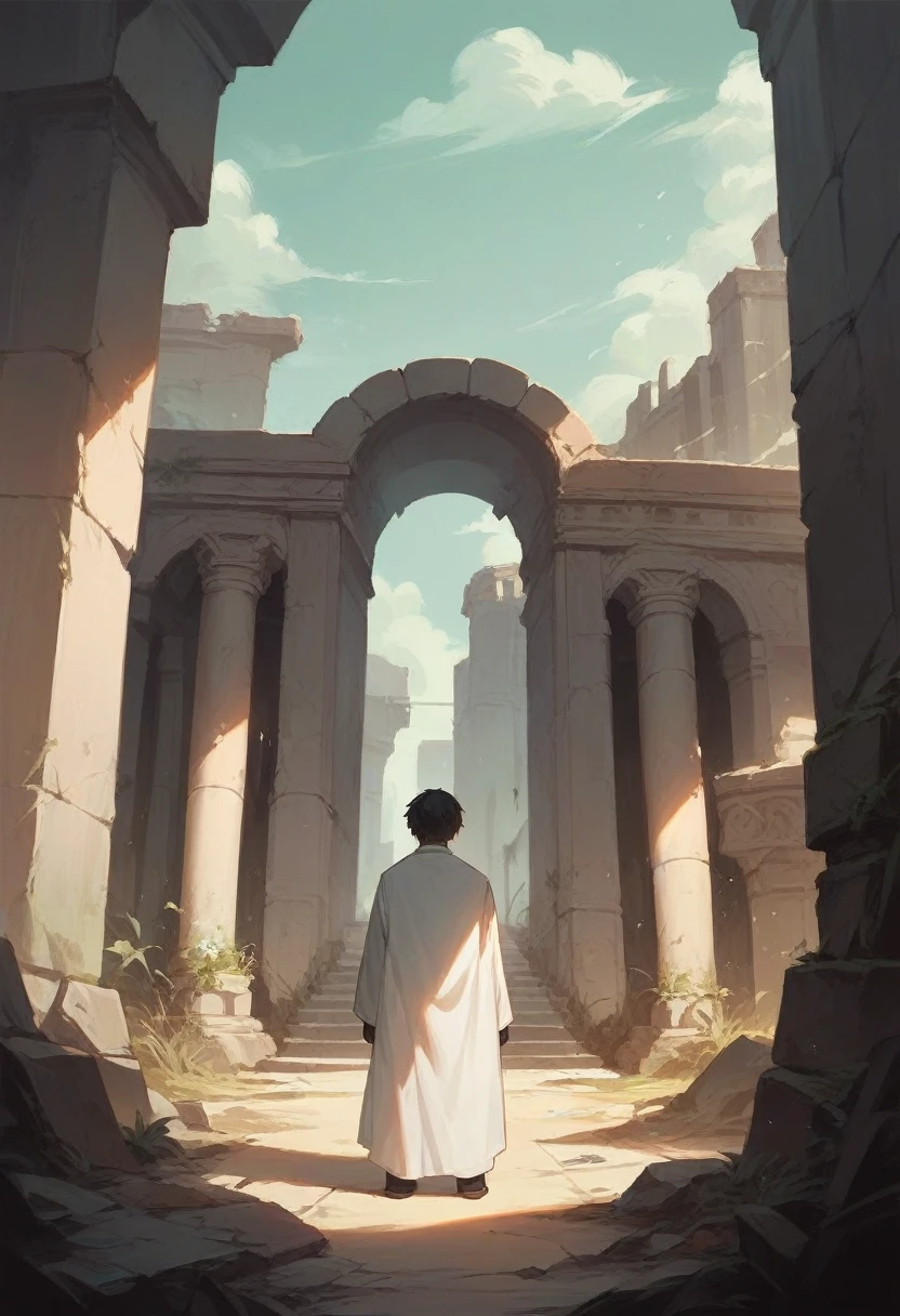 a girl with a black bob in a white robe covers her face with a cross against the backdrop of sandy ruins in photo style
