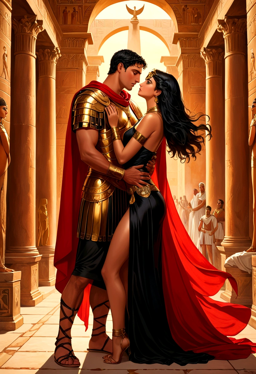 A stunning painting depicts a scene of passion in ancient times. A powerful man, wearing Roman armor with a majestic red cape, wraps a stunning woman in a sensual black dress. Their intense gazes reveal a deep and irresistible connection. o fundo, richly detailed, evokes the grandeur and opulence of Egypt under the reign of Ptolemy XIII, with symbols of power and glory. The scene captures the essence of a steamy, forbidden romance, immortalizing a moment of love and intense desire.