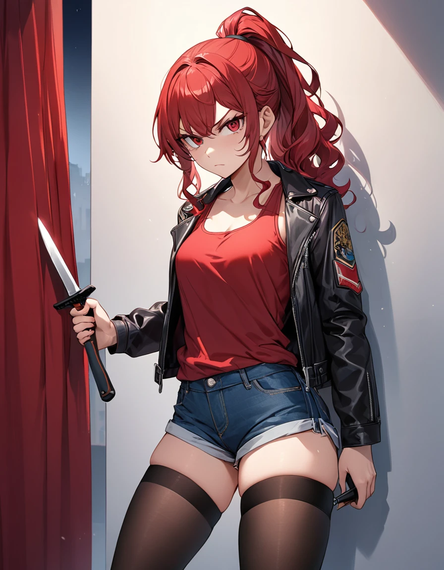 BREAK Perfect Anatomy、Highest quality、(cute:1.1)、(cute)、(High resolution:1.2)、Unbelievably absurd:1.3、Incredible illustrations、(cuteイラスト:1.2)、nsfw,(Beautiful background、Late Night、Bedroom、Red Curtain)、1gial(Red hair、strong wavy hair、ponytail)
,(leather jacket、Short denim、Red Tank Top、Thigh-high stockings)Holding a large knife in his hand、Against the wall、Glaring at me
