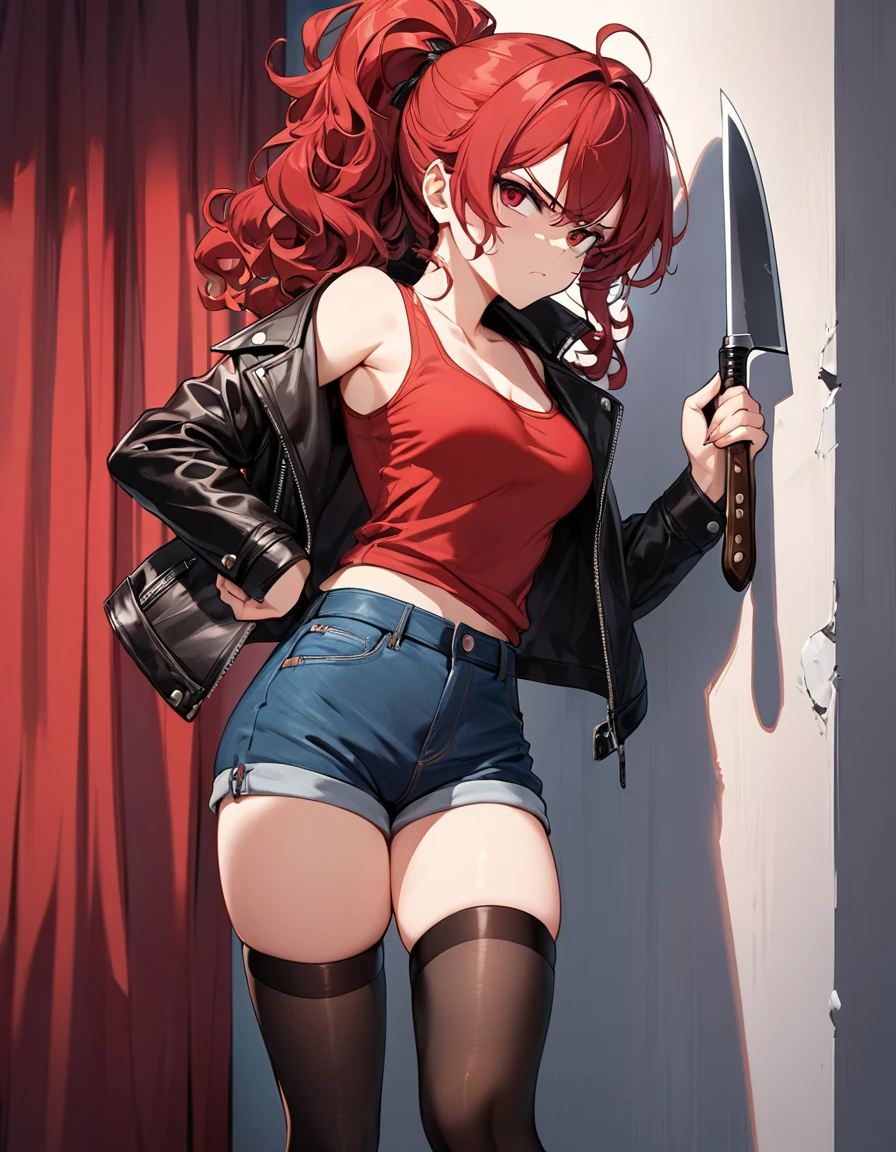 BREAK Perfect Anatomy、Highest quality、(cute:1.1)、(cute)、(High resolution:1.2)、Unbelievably absurd:1.3、Incredible illustrations、(cuteイラスト:1.2)、(Beautiful background、Late Night、Bedroom、Red Curtain)、1gial(Red hair、strong wavy hair、ponytail)( height 1.8)
,(Red Tank Top、leather jacket、Short denim、Thigh-high stockings)Holding a large knife in his hand、Against the wall、Glaring at me