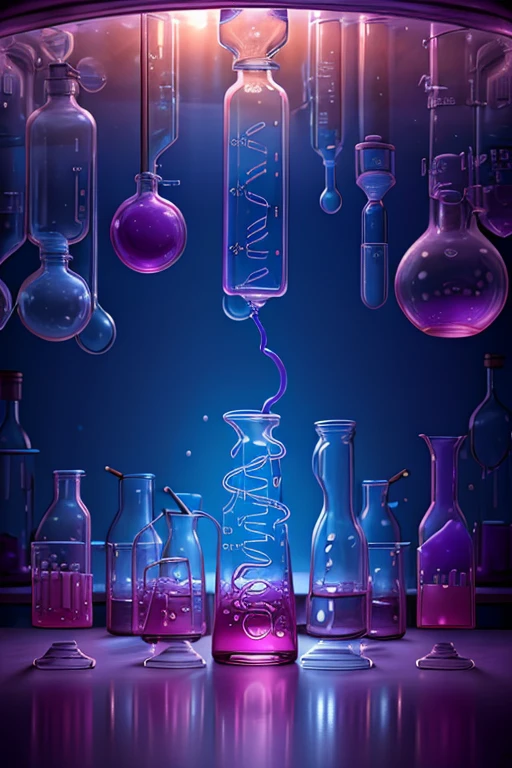 a beautiful detailed chemistry-inspired scene, blue, pink and purple colors, intricate glassware, laboratory equipment, test tubes, beakers, swirling liquids, scientific apparatus, complex molecular structures, ethereal atmosphere, dramatic lighting, photorealistic, 8k, best quality, ultra-detailed, masterpiece