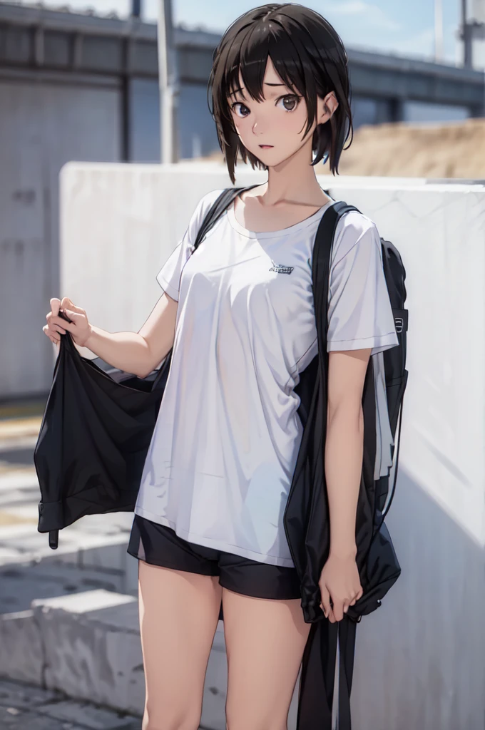 ((masterpiece, best quality)),((highres:1.2)), 1 Girl, solo, Blurred Background, (((Small breasts))), Thighs, (Stripe underwear), T-Shirts,