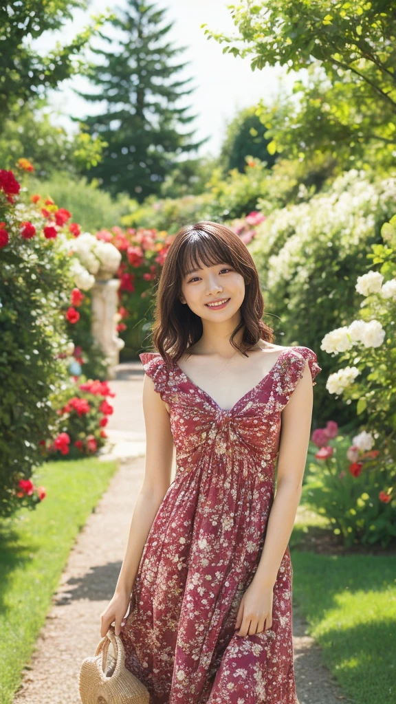 masterpiece, highest quality, disorganized, perfect anatomy, 1 girl, alone, pascal tales, short hair, beautiful, Hilarious, sunny day, botanical garden, Summer winds, sundress, Floral, wavy hair, smile