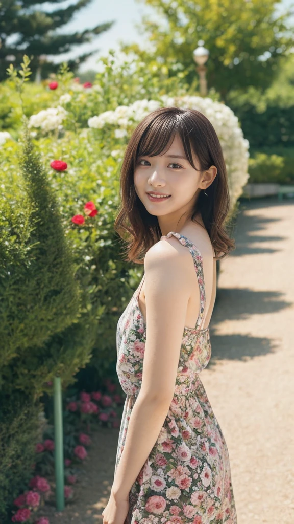 masterpiece, highest quality, disorganized, perfect anatomy, 1 girl, alone, pascal tales, short hair, beautiful, Hilarious, sunny day, botanical garden, Summer winds, sundress, Floral, wavy hair, smile