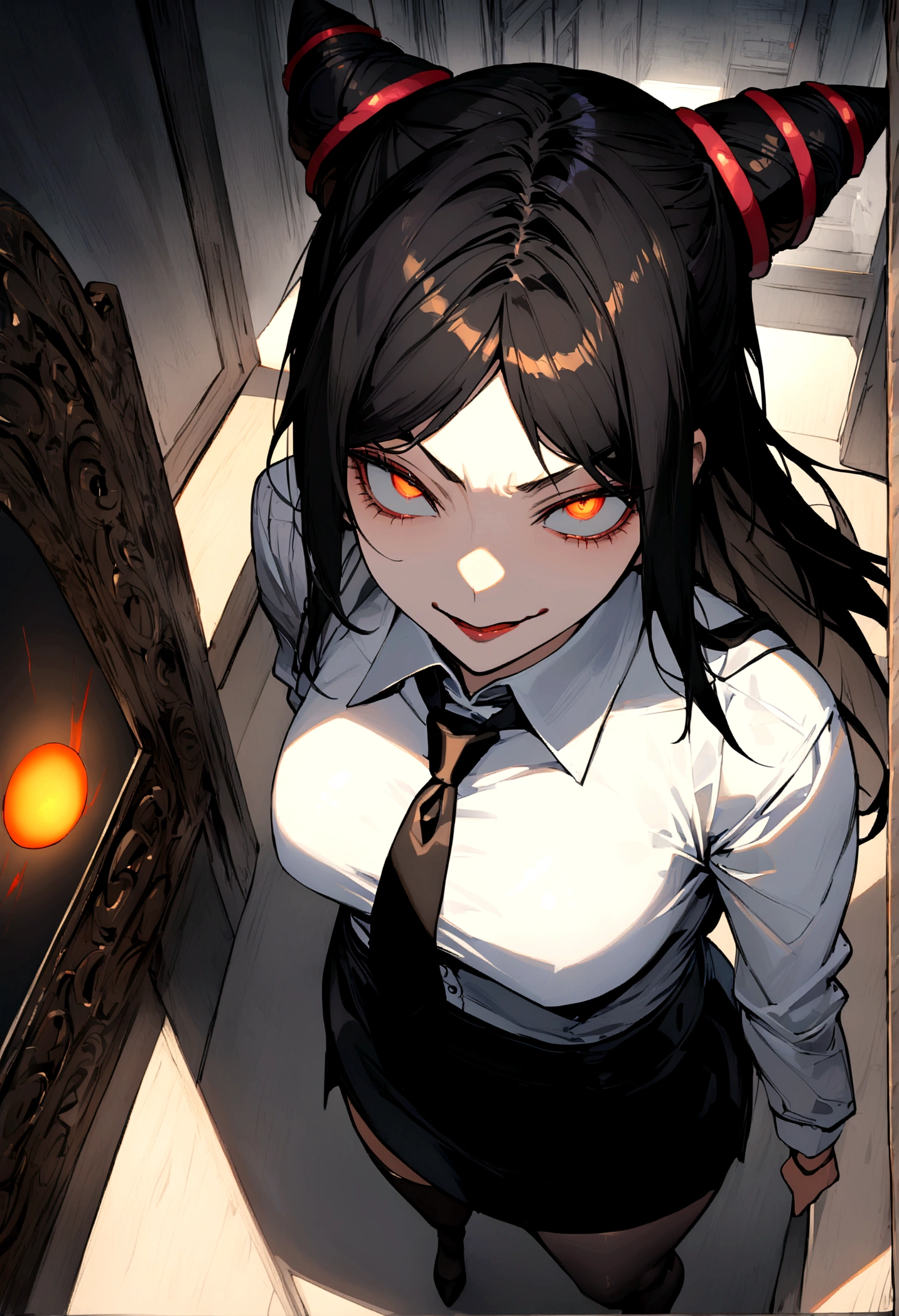 juri han, work of art, tight white secretary shirt with black tie, black high waist skirt, short skirt,stocking, black hair, black tightscary sun,office,bangs on the eyes,lighting,horn of hair,view from above,staring overhead,evil smile