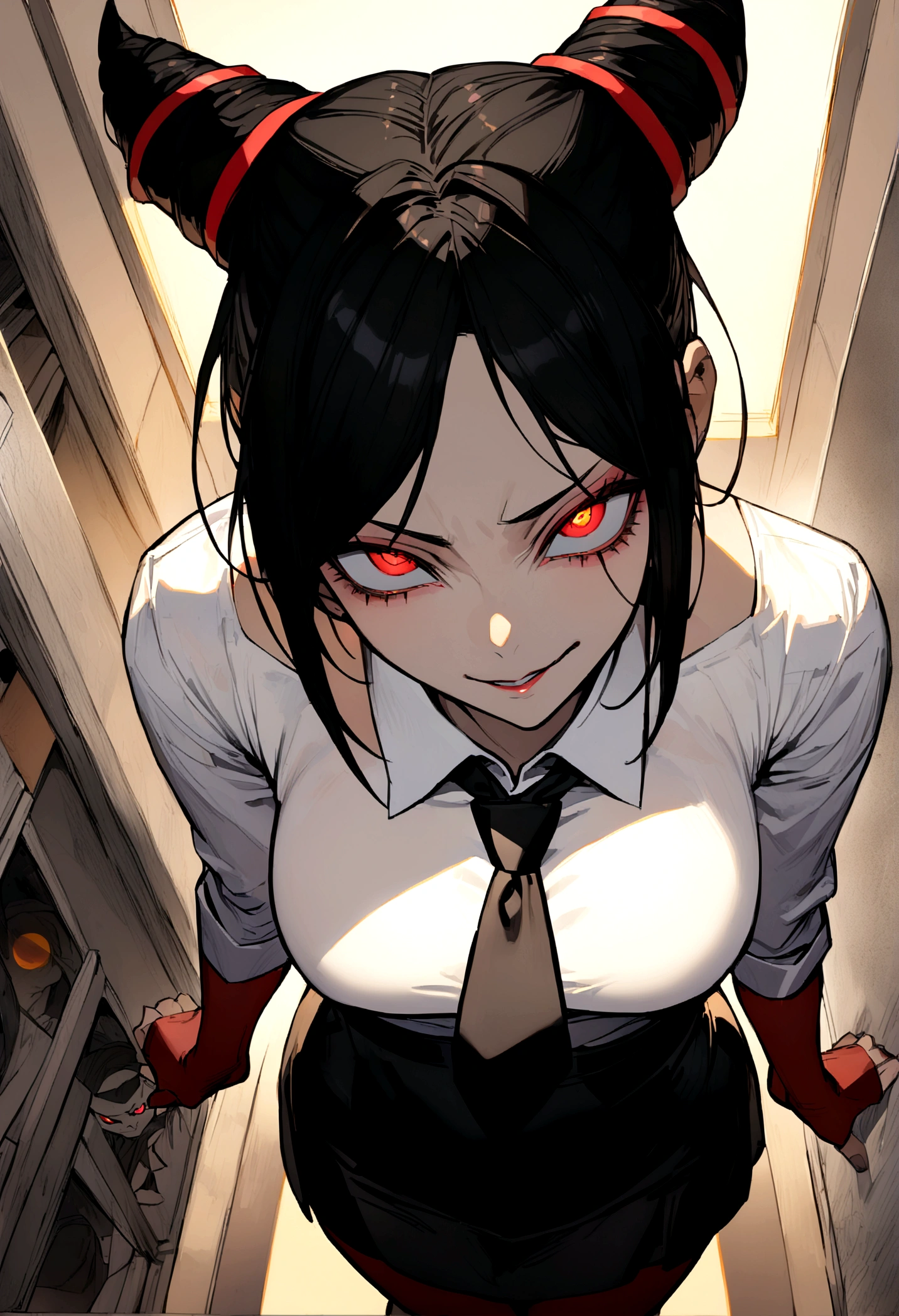 juri han, work of art, tight white secretary shirt with black tie, black high waist skirt, short skirt,stocking, black hair, black tightscary sun,office,bangs on the eyes,lighting,horn of hair,view from above,staring overhead,evil smile