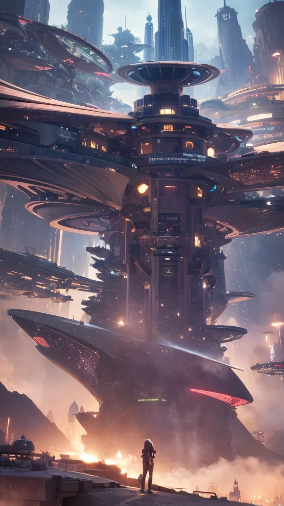 a woman standing in front of a futuristic city, cgsociety 9, futuristic city backgrond, in fantasy sci - fi city, cinematic. futurism, futuristic. game cg, otherwordly futuristic city, futuristic city in background, futuristic art style, futuristic sci-fi, futuristic city background, sci fi city, futuristic marrakech, by Raphael Lacoste, human futuristic city