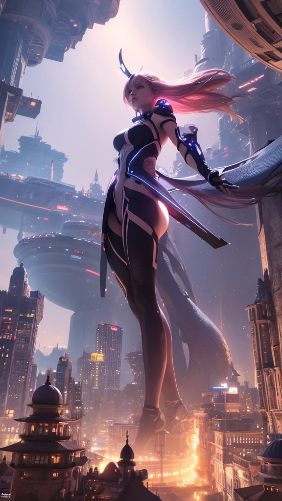 a woman standing in front of a futuristic city, cgsociety 9, futuristic city backgrond, in fantasy sci - fi city, cinematic. futurism, futuristic. game cg, otherwordly futuristic city, futuristic city in background, futuristic art style, futuristic sci-fi, futuristic city background, sci fi city, futuristic marrakech, by Raphael Lacoste, human futuristic city