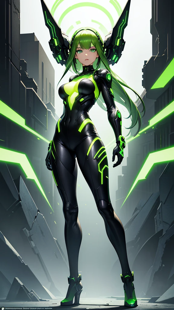 masterpiece, highest quality, (solo focus), (perfect face:1.1), (full body), (high detail:1.1), (hyper detailed eyes), dramatic, a woman with paleskin and long dark green hair, bright green eyes, solo, arrogant expression, neon cybernetic outfit, white background, art by artgerm, cinematic lighting, fashion, BalenciagaStyle