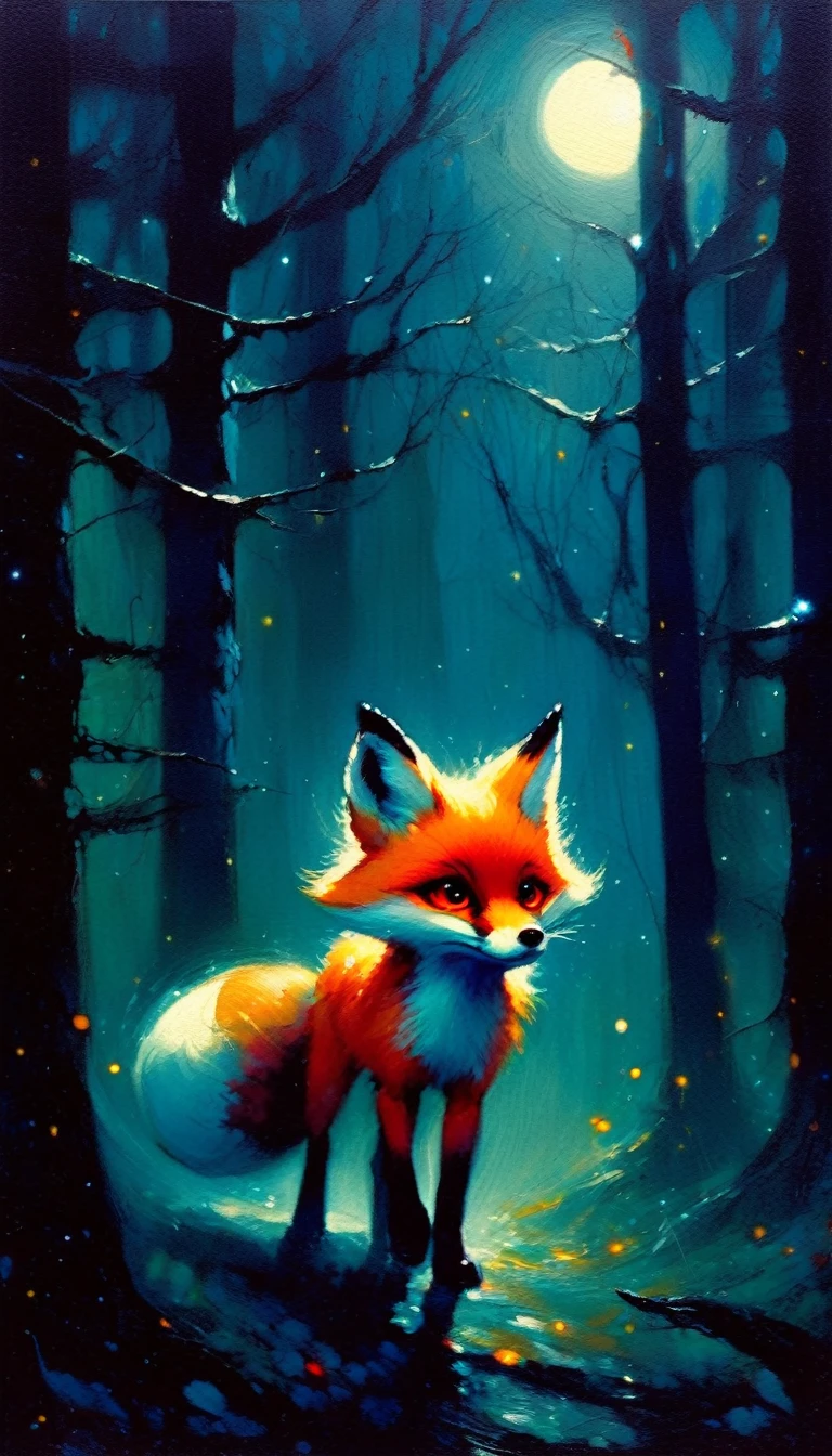 a little fox, adorable but angry, red eyes, walks through a forest at night, among its trees, fog, creepy atmosphere,magic, fantastic, night sky, moon, stars, background, (art inspired in Bill Sienkiewicz). oil painting)
